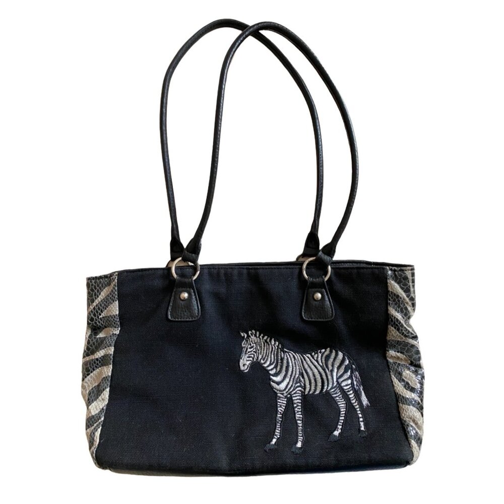 Bueno Cute Embroidered Zebra Purse Black White Tan 3 Section Zip Close Bag